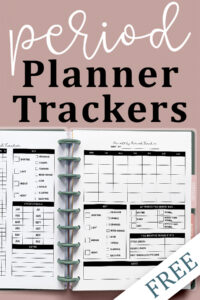 &ldquo;Monthly period tracker printable inside a disc-bound planner showing a blank monthly calendar, flow-level key, period stats, and notes section on a soft pink background.