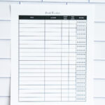 Side-by-side view of two printable book tracker pages with title, author, start date, end date, and star rating columns, laid out on a white tile backdrop.