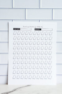 A vertical image of a &ldquo;Reading Challenge: 100 Books&rdquo; printable featuring 100 small book icons arranged in a grid, plus start and end date boxes.