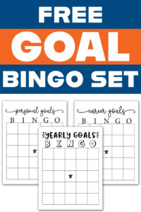 A Pinterest graphic with bold navy and orange stripes that reads &ldquo;Free Goal Bingo Set,&rdquo; displayed above three printable bingo pages for Personal Goals, Career Goals, and Yearly Goals.