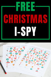 Pinterest graphic with bold text reading &ldquo;Free Christmas I-Spy&rdquo; above two printable I-Spy pages featuring holiday icons.