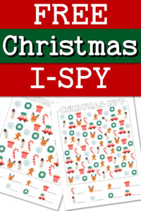 Pinterest graphic labeled &ldquo;Free Christmas I-Spy&rdquo; with two festive I-Spy pages featuring holiday-themed icons.