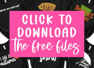 Bright pink graphic overlay reading &lsquo;Click to download the free files&rsquo; displayed over a collage of black T-shirts featuring various Gilmore Girls&ndash;inspired SVG designs.