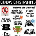 Graphic collage showing multiple Gilmore Girls–inspired SVG designs on a white background with the title “Free SVGs Gilmore Girls Inspired.