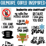 Graphic preview of Gilmore Girls–inspired SVG files arranged in a grid with a blue banner reading “Free SVGs Gilmore Girls Inspired.