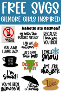 Graphic preview of Gilmore Girls&ndash;inspired SVG files arranged in a grid with a blue banner reading &ldquo;Free SVGs Gilmore Girls Inspired.