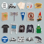 Full sheet of Gilmore Girls&ndash;themed stickers arranged neatly on a gray background in multiple rows, featuring various quotes, icons, and character-themed designs.