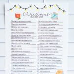 Christmas bucket list printable with illustrated string lights, a hot cocoa mug, and ice skates, shown against a white tile background. The list includes festive activities with checkboxes.