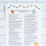 Full Christmas bucket list printable with festive illustrations shown against a white tile background, featuring a two-column checklist of holiday activities.