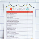 Christmas bucket list printable with a red ‘Experience / Date Completed’ header section, festive illustrations, and a checklist of holiday activities.