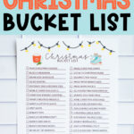 Pinterest graphic reading ‘Free Custom Christmas Bucket List’ above a colorful Christmas bucket list printable featuring festive illustrations and two-column checklist layout.