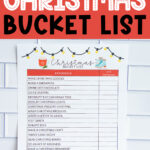 Red Pinterest graphic titled ‘Free Custom Christmas Bucket List’ featuring a printable Christmas bucket list sheet with an experience/date-completed layout.
