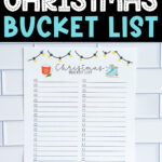 Black Pinterest graphic with teal and white text reading ‘Free Custom Christmas Bucket List – 3 Styles Included,’ displayed over a blank two-column Christmas bucket list printable.