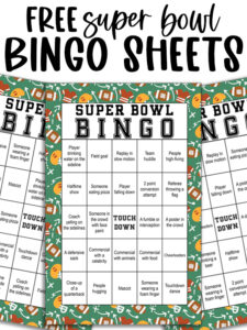 Three colorful Super Bowl Bingo sheets displayed in a row, each with a green football-themed border and assorted bingo prompts.