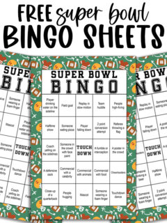 Three colorful Super Bowl Bingo sheets displayed in a row, each with a green football-themed border and assorted bingo prompts.