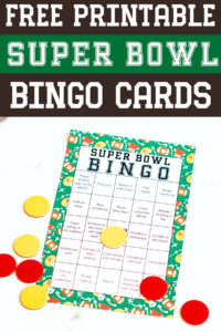 Tall Pinterest graphic featuring a Super Bowl Bingo card with yellow and red markers, with bold text at the top reading Free Printable Super Bowl Bingo Cards.