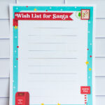 Printable Wish List for Santa sheet with red banner title, lined writing area, and turquoise border decorated with stars, polka dots, a red mailbox, and North Pole sign.