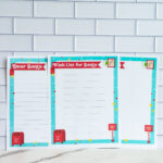 Assortment of Santa-themed printable stationery pages including Dear Santa letters and Wish List for Santa sheets displayed together.