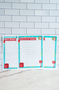 Assortment of Santa-themed printable stationery pages including Dear Santa letters and Wish List for Santa sheets displayed together.