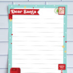 Lined Dear Santa printable page with festive turquoise border and space for a signature at the bottom, featuring mailbox and North Pole illustrations.