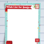 Blank Wish List for Santa printable with festive turquoise border, red banner title, and Christmas-themed illustrations.