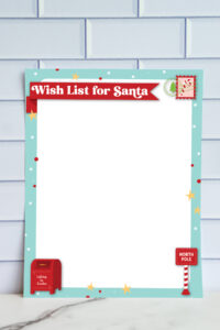 Blank Wish List for Santa printable with festive turquoise border, red banner title, and Christmas-themed illustrations.