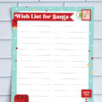 Lined Wish List for Santa printable with holiday-themed border, postage-style stamp illustration, and Christmas mailbox icon.