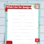 Single-column lined Wish List for Santa printable with turquoise border, decorative stars, and mail-to-Santa graphics.