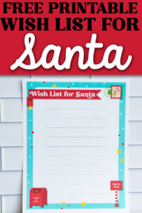 Printable Wish List for Santa page displayed beneath a bold red banner reading &ldquo;Free Printable Wish List for Santa,&rdquo; featuring turquoise border and festive illustrations.