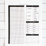 Yearly period tracker printable displayed upright against a white subway tile background. The page features a 31-day vertical grid labeled with months, a detailed symptom key including spotting, cramps, cravings, mood swings, fatigue, and more, a cycle length chart for each month, and a lined notes section at the bottom.