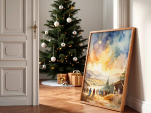 Vintage watercolor Christmas living room with a decorated tree, wrapped presents, an armchair, and sunlight coming through tall windows.
