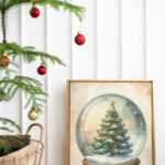 Framed vintage-style snow globe Christmas print placed on the floor next to a small tree decorated with red and gold ornaments.