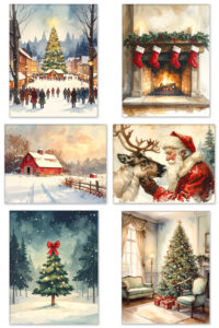 Collage of six vintage-style Christmas watercolor prints, including a festive town square with a large Christmas tree, a cozy fireplace with stockings, a red barn in a snowy field at sunset, Santa gently holding a reindeer, a lit outdoor Christmas tree with a red bow in a snowy forest, and a decorated indoor Christmas tree surrounded by wrapped presents.