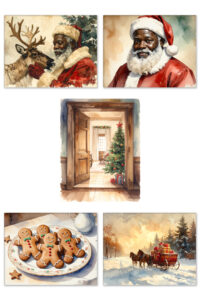 Collage of five vintage-style Christmas watercolor prints, featuring Black Santa holding a reindeer, a portrait of Black Santa Claus, an open doorway revealing a decorated Christmas tree inside a cozy home, a plate of smiling gingerbread cookies, and a horse-drawn sleigh carrying wrapped gifts through a snowy winter landscape.