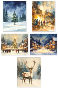 Collage of five vintage-style Christmas watercolor prints, including a snow-covered fir tree under a starry night sky, a glowing nativity scene set against rocky hills, a festive town square with a large illuminated Christmas tree, a snowy neighborhood street lined with decorated homes, and a reindeer standing in a winter forest.
