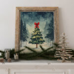 Framed vintage-style Christmas print of a small tree topped with a red bow, displayed on a decorated mantel with candles, greenery, pinecones, and a wooden tabletop Christmas tree.