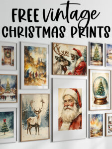 Gallery wall of framed vintage-style Christmas prints featuring Santa, reindeer, nativity scenes, Christmas trees, snowy landscapes, and a Christmas snow globe, with text reading &lsquo;Free Vintage Christmas Prints.&rsquo;