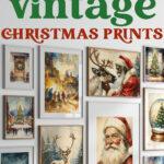 Horizontal Pinterest graphic showing a gallery wall of vintage-style Christmas art prints with bold text reading &lsquo;45 Free Vintage Christmas Prints&rsquo; in red and green lettering.
