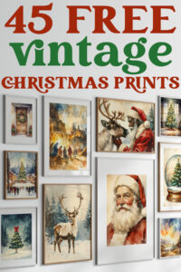 Horizontal Pinterest graphic showing a gallery wall of vintage-style Christmas art prints with bold text reading &lsquo;45 Free Vintage Christmas Prints&rsquo; in red and green lettering.