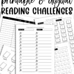 Promotional collage of various reading challenge printables labeled ‘Free printable & digital reading challenges,’ including alphabet, monthly, and numbered book trackers.