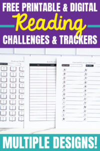 Purple Pinterest graphic titled &lsquo;Free Printable & Digital Reading Challenges & Trackers&rsquo; above three reading challenge printables featuring book icons, lists, and alphabet prompts.