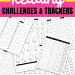Pink Pinterest graphic promoting free printable and digital reading challenges and trackers, displayed over a collage of multiple book tracker and reading challenge designs.