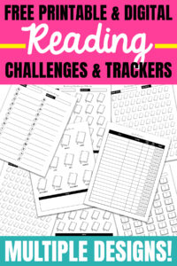 Pink Pinterest graphic promoting free printable and digital reading challenges and trackers, displayed over a collage of multiple book tracker and reading challenge designs.