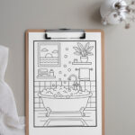 Relaxation coloring page on a clipboard featuring a cozy bathroom scene with a clawfoot tub full of bubbles, shelves with plants and towels, and a window showing a sunset.