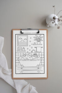 Relaxation coloring page on a clipboard featuring a cozy bathroom scene with a clawfoot tub full of bubbles, shelves with plants and towels, and a window showing a sunset.