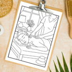 Spa-themed relaxation coloring page on a clipboard showing a woman receiving a back massage in a peaceful room with flowers, a lamp, and stacked hot stones.