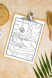 Spa-themed relaxation coloring page on a clipboard showing a woman receiving a back massage in a peaceful room with flowers, a lamp, and stacked hot stones.