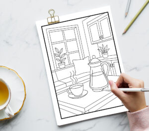 Relaxation coloring page on a marble surface showing a cozy kitchen or dining nook with a steaming cup of tea, a teapot, plants, and large windows.
