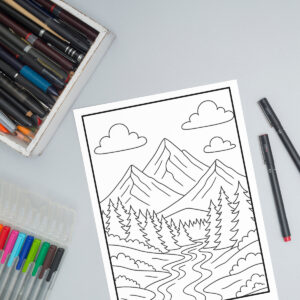 Mountain landscape relaxation coloring page with tall peaks, pine trees, and a winding river, surrounded by art markers and colored pencils.