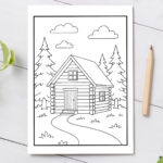 Cabin-themed relaxation coloring page featuring a log cabin surrounded by pine trees and a winding path, styled with plants and a pencil around the page.
